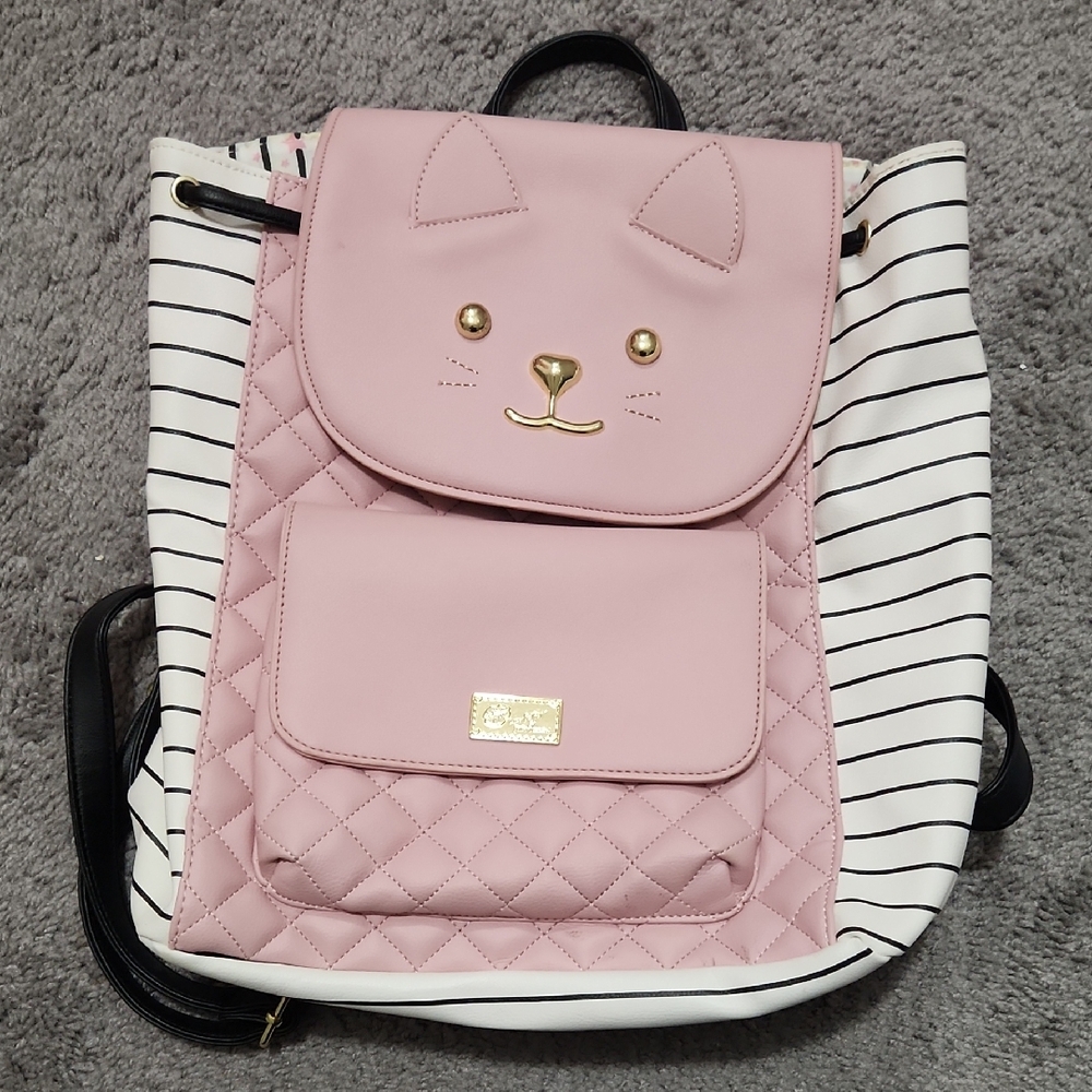 Betsey Johnson Pink and White Cat Backpack